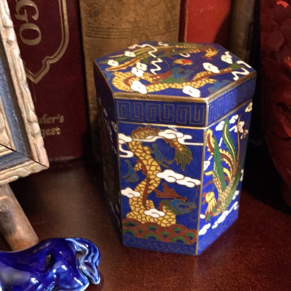 Vintage Cobalt Blue Cloisonné Hexagonal Brass Dragon Phoenix Tea Box - Picture 2 of 6